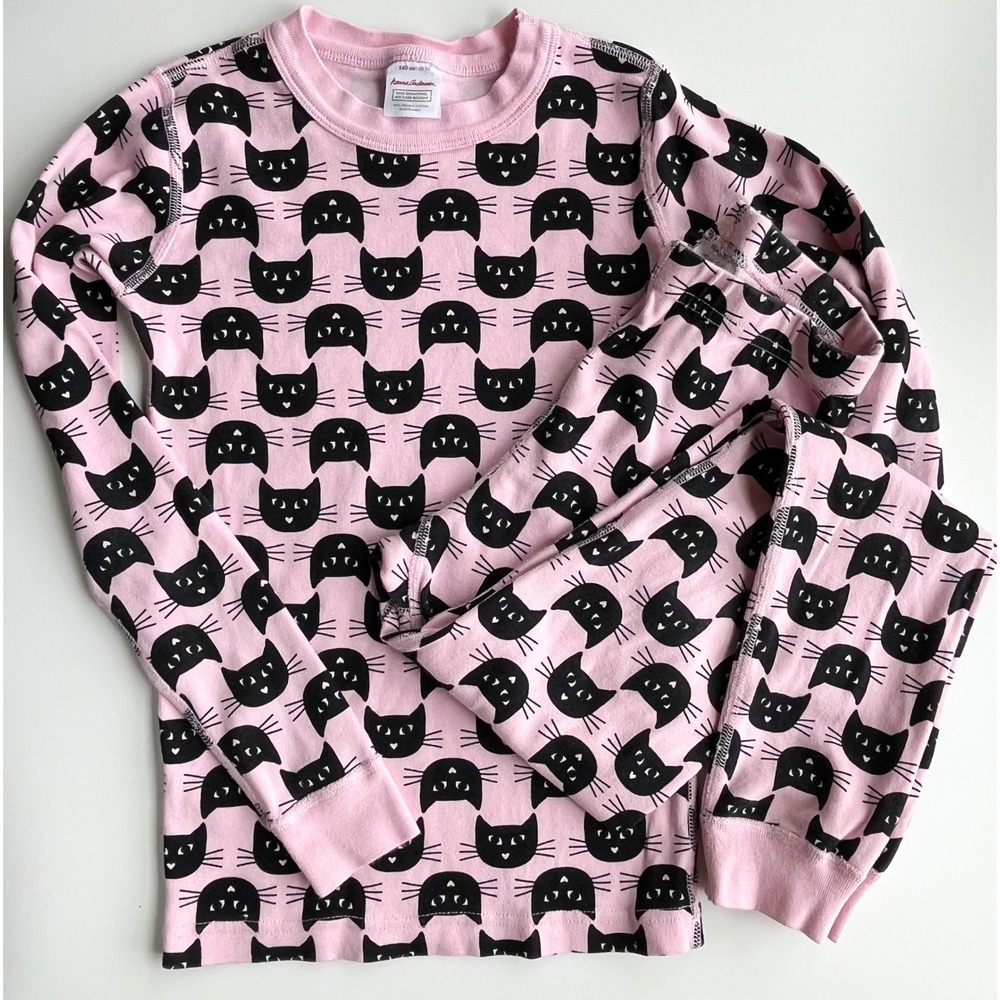 Hanna Andersson Organic Two Piece Pink Black Cat Print Pajama Set Girls 10